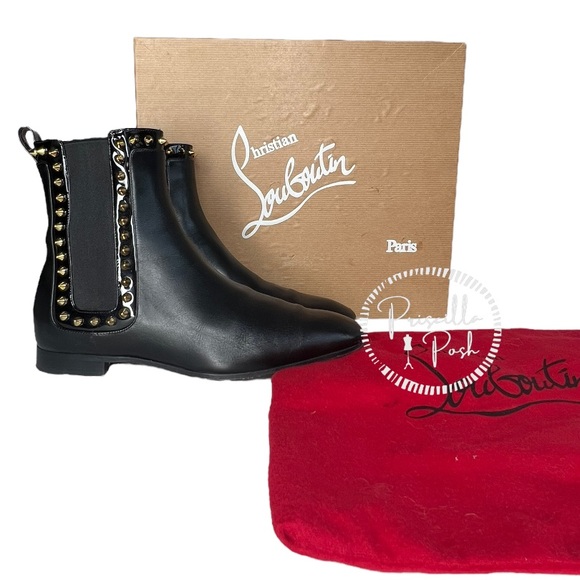 Christian Louboutin Black Leather Studded Red Sole Chelsea Boots Ankle Booties - Picture 3 of 13